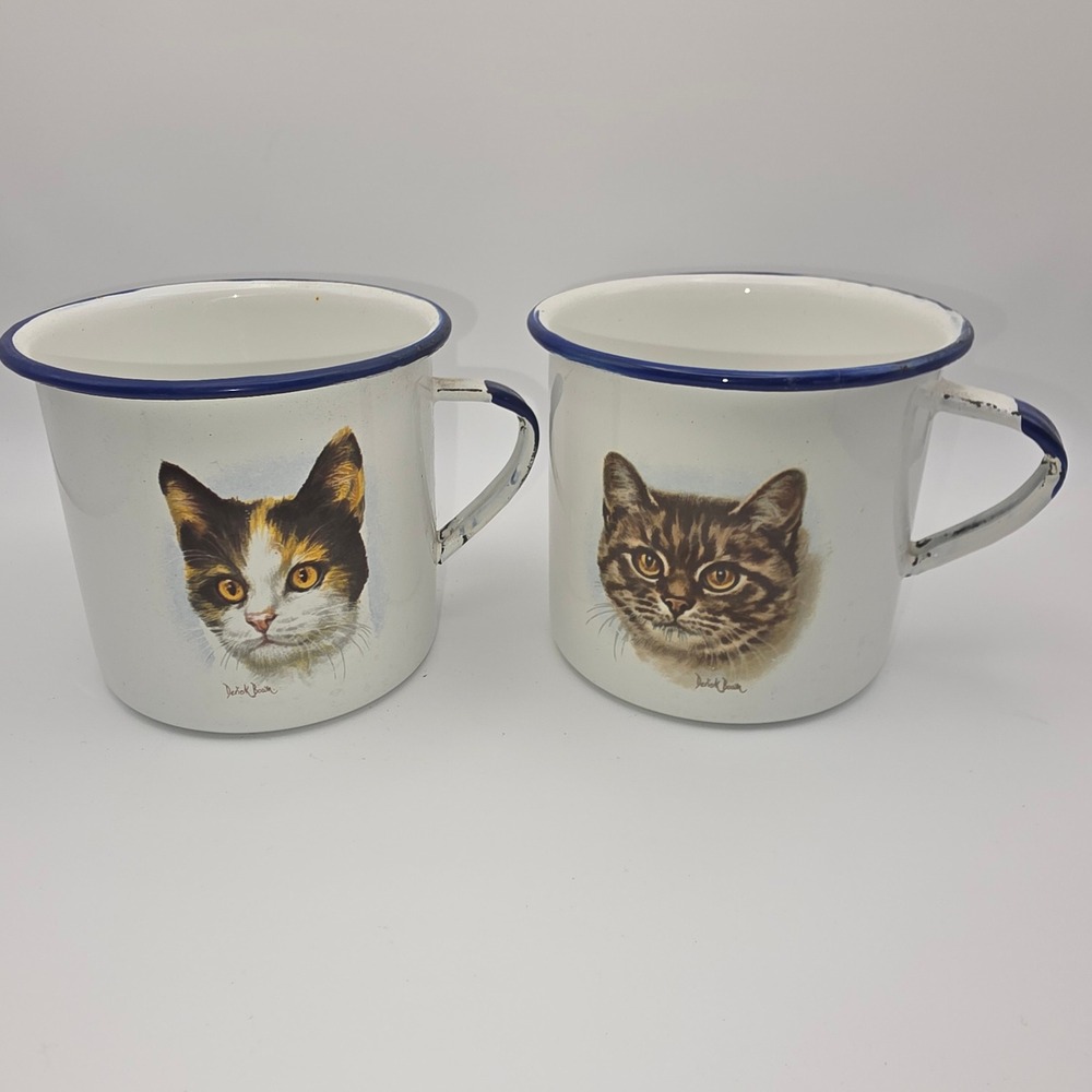 White Cat Print Enamel Mug with Blue Rim - Set of 2